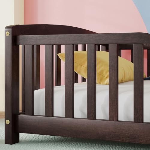 Image of Bellemave Twin Size Montessori Floor Bed Frame with High Fence, Solid Wood Kids Floor Bed with Central Entrance, Low Profile Bed for Boys & Girls, Rounded Corner Design,Espresso