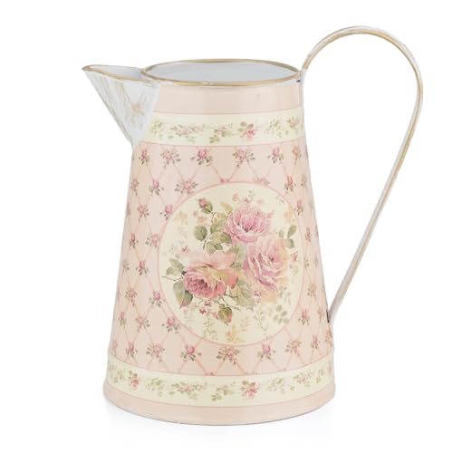 Moritz Deko Gießkanne Metall H 20 cm – Rosen Trellis Gittermuster Rosenmedaillon Shabby Chic Vintage Nostalgie – Trockenblumenvase rosa pink Goldrand Creme Wohndeko Landhaus Retro