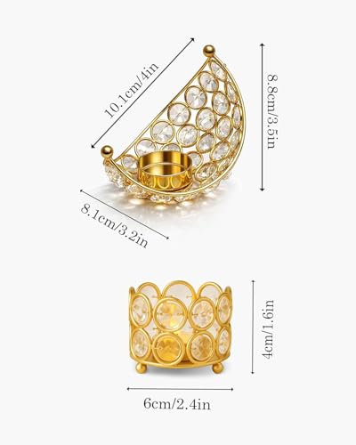 Image of Homesake Crystal Tealight Candle Holder Set, Gold Metal Decorative for Decorations for Home, Festive Tabletop Home Decor and Gifting Combo Set of 1 Moon Holder & 2 Crystal Holders