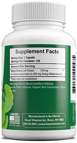 Hayat Vitamins Vegan Natural Ginkgo Biloba 120 Mg, Certified Halal, 120 Capsules #TOP1