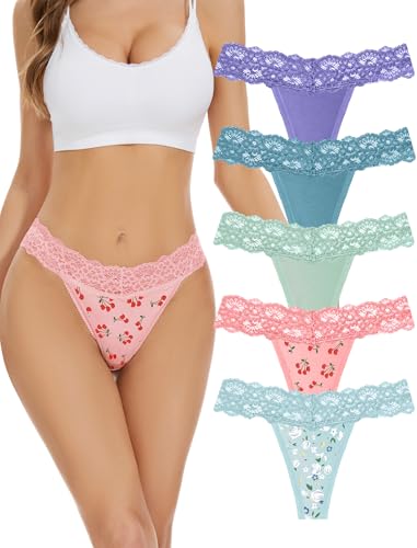 Image of voenxe Seamless Women Thong,No Show Lace Underwear,Invisible,Cotton Blend | 5 Pack Ladies Lacy Band Breathable Athletic Panties,Comfortable Soft Undies,Comfy Gym Mid Rise Stretch No Seam Laced Tanga