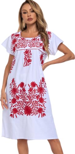 Image of YZXDORWJ Women Mexican Embroidered Long Dress Ruffle Collar Maxi Boho Floral Summer Short Sleeve
