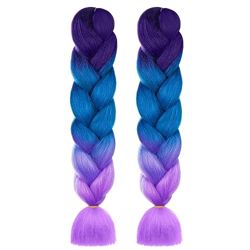 Aomig Extensiones para Trenzas, 2PC 24' Pelo Sintetico Trenzas de Pelo Trenzas Africanas Extensiones, 4 color Degradado Trenza Postizas Sintético para Cabello Trenzado Torcido Morado/Azul lago/Morado