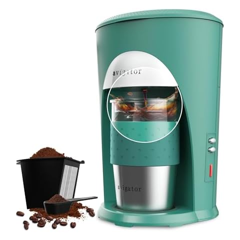 avigator Single Serve Coffee Maker, Single Cup Coffee Maker for Ground Coffee, Personal Drip Coffee Brewer with 10-Ounce Travel Mug and Reusable Coffee Filer (Light Green) Cover