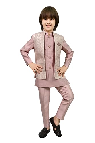 AHHAAAA Ethnic Zari Work Indo-Western Printed Kurta, Waistcoat and Pajama 3-Piece Set for Boys