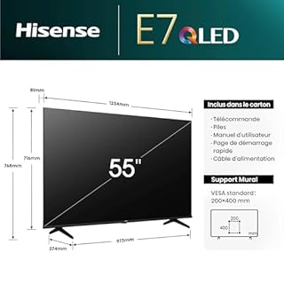 Hisense Smart TV 55 Pouces 55E7NQ QLED 4K UHD Téléviseur, Dolby Vision Atmos, Mode Sport IA MEMC, HDR, VIDAA avec Youtube, Netflix, Disney+, Canal +, Commande vocale Alexa