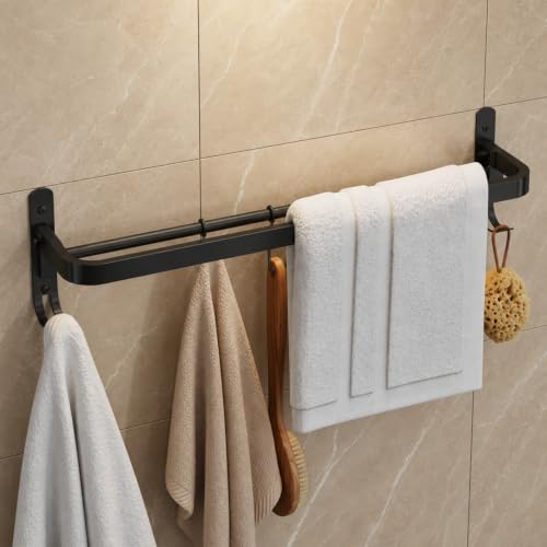 Image of Well Set Stainless Steel Foldable Towel Rack for Bathroom | Wall Mounted Towel Holder with Shelf | Durable Rust-Free Space Saving Bathroom Accessory (Black, Small)