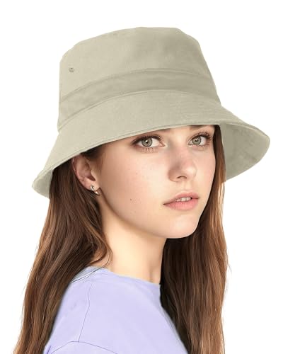 Unisex Bucket Hat for Women Men Summer Sun Beach Hat, Denim Packable Cotton Fisherman Cap for Casual, Sports, Trips, Khaki, M/L