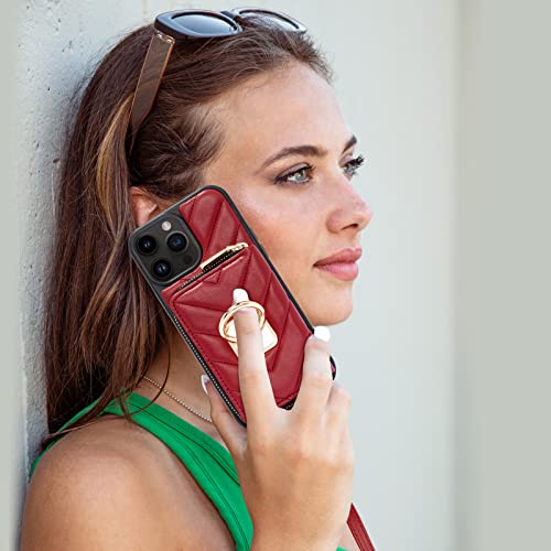 Lameeku Compatible With Iphone 13 Pro Max Case Wallet, Card Holder Case With Ring Kickstand Crossbody Purse Case Quilted Leather Rfid Case Compatible With Iphone 13 Pro Max, 6.7Inch-Burgundy #TOP3