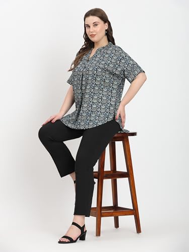 Image of SINDOORI Relaxed Fit Tops for Women Plus Size Solid Printed Mandarin Collar, Band Collar, V-Neck Top, Half Sleeve Loose Fit