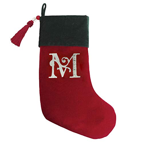 Christmas Stocking Red & Green Velvet With Tassel, Rhinestone Monogram (M)