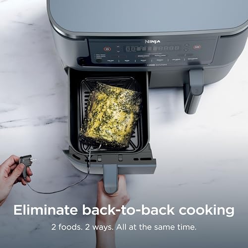 Image of Ninja 6-in-1 10 QT Air Fryer, Foodi Smart Thermometer, Roast, Bake, Air Fry, Crisps, Broil, Reheats, Keep Warm, Fries, Frozen Food, Veggies, & Meat, Light Grey, DZ550​GY (Renewed)