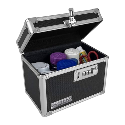 Vaultz Locking Medicine Box with Combination Lock - Secure Metal Lock Box Safe for Medication, Pills & Valuables, Small Lockbox with Code, Portable Storage Case, Black