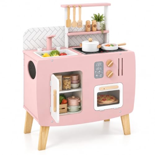 HONEY JOY Pink Kids Kitchen Playset, Wooden Play Kitchen for Toddlers, Stoves, Sink & Oven, Cooking Accessories, Storage Cabinet, Little Chef Pretend Play Toy Kitchen Set, Gift for Boys Girls, Pink