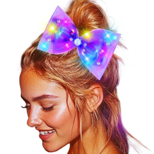 JONKY Light Up Bow Led Birthday Hair Clip Neon Hair Accessories for Women(I-Purple)