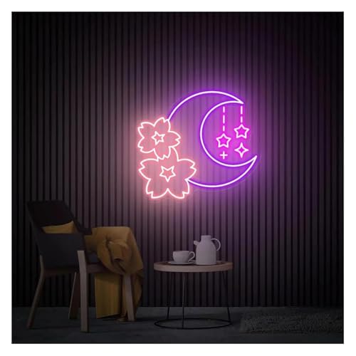 Enseigne lumineuse au néon Sakura et Lune 40x40cm pour décoration murale