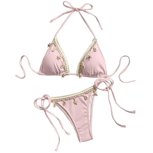 Womens Halter String Triangle Bikini Sets Shell Tassel Ribbed Bikini Two Piece Swimsuit High Cut Thong Bathing Suit