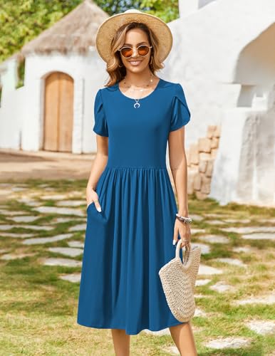 Image of HOTOUCH Women's Summer A-Line Midi Dresses 2026 Casual Floral Short Sleeve T-Shirt Dress Flowy Beach Sundress with Pockets
