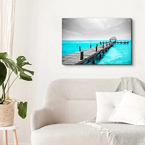 Image of Teal Blue Coastal Canvas Wall Art for Bathroom, Black and White Beach Bridge Seascape Prints Picture Decor 16x24 inch, Grey Nature Ocean Landscape Painting Artwork for Bedroom Living Room Home Decoration