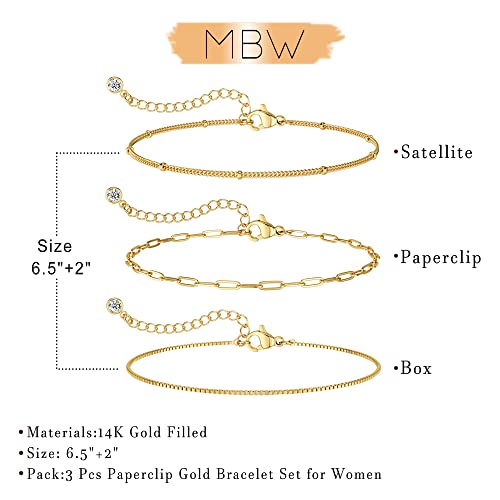 Gold Layered Bracelets For Women, Dainty 14K Gold Plated Paperclip Satellite Chian Bracelet Waterproof Cute Adjustable Box Link Chain Simple Bracelets Set For Women Trendy Gold Minimalist Jewelry #TOP4