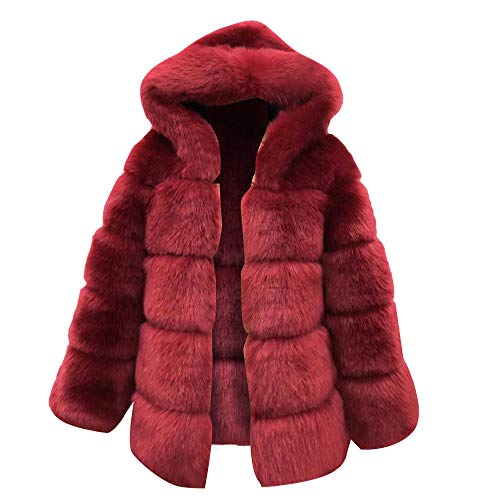 F_Gotal Women Faux Fox Fur Coat Fashion Winter Fur Coat Jacket Luxury Long Sleeve Collar Thick Coat Overcoat Warm Winter Wine Red #TOP2