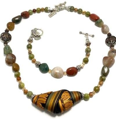 Handmade Jewelry Set - Artisan Handpainted Clay Centerpiece & Multi-Colored Agate Necklace & Bracelet