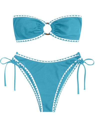 Image of ZAFUL Women's Bandeau Bikini O Ring Strapless Tie Back High Cut Two Piece Swimsuit Bathing Suits