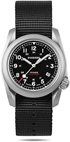 Boderry Titanium Automatic Field Watch 40 mm Military Watch Day Date Function 100 m Waterproof Nylon Strap Japanese Mechanical Movement with Screw Mechanism Crown -