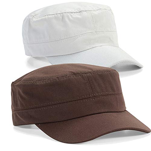 LERTREE 2Pcs Adjustable Unisex Flat Top Twill Classical Baseball Cap Military Hat 22-23.6 in Cadet Cap (Coffee+White)