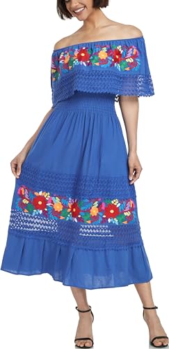 Image of YZXDORWJ Women Embroidered Mexican Peasant Casual Sexy Lace Off-Shoulder Long Dress