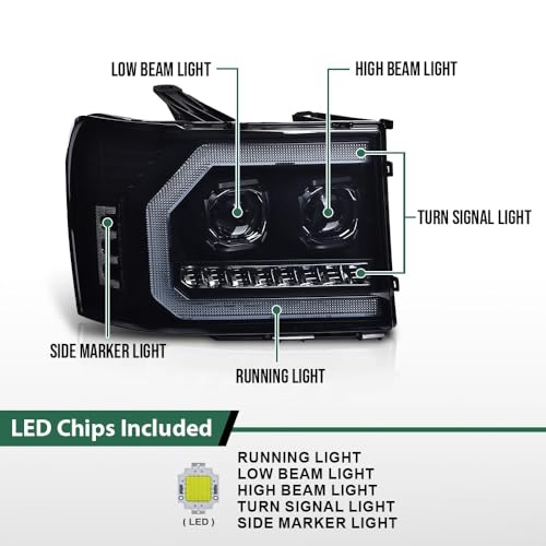 Image of GRAND ORANGE LED DRL Headlights Assembly Compatible with GMC Sierra 1500 2007-2013, Fit GMC Sierra 2500HD 3500HD 2007-2014 20980241 20980242 22853030 LH & RH Smoke Lens Black Housing White reflector