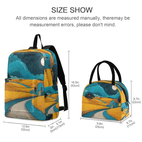 Backpack Lunch Bag Set Painting Countryside Print, Big Storage Travel Backpacks with Insulated Lunch Box for Office Hiking Picnic2