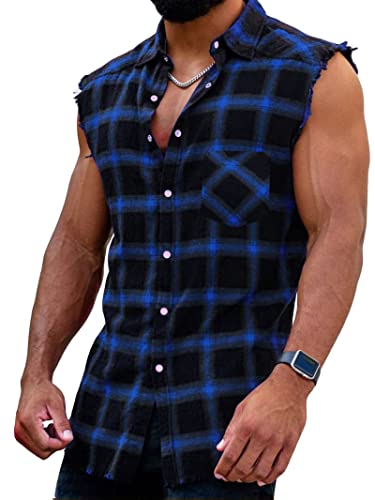 Herren Checkshirt Sleeveless Hemd Kariert Ärmellose Hemden Regular fit Flanellhemd Männer Sommer Baumwollhemd T-Shirt Tank Tops Freizeithemd