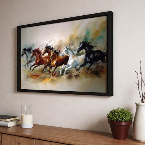Image of 6 Running Horses Vastu Framed Wall Art Painting For Living Room | Artistic Three Horse Painting With Frame Symbol of Progress & Strength Wall Art For Home & Office, 10x12 Inch