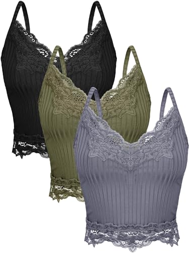Bencailor 3 Pcs Women's Lace Tank Tops Y2k Camisole Lace Patchwork Crop Tops Grunge Style Ribbed Knitted Clothing