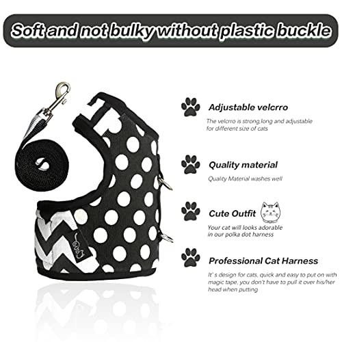 Image of Cat Harness and Leash for Walking Escape Proof, Adjustable Cat Vest Harness, Padded Stylish Cat Walking Jackets, Polka Dot Black, Medium