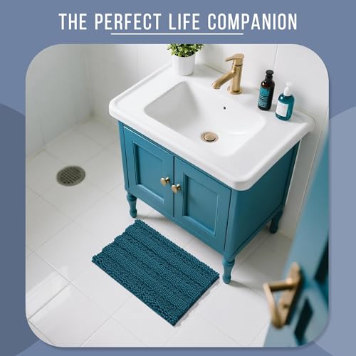 Image of Yimobra Bathroom Rug Mat, Non Slip and Super Absorbent Bath Mat, Machine Washable Quick Dry, Ultra Plush Chenille Shower Rugs for Bathroom Floor Sink Tub and Shower Outside, Peacock Blue, 24 x 17