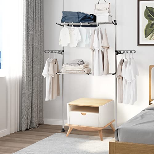 Verstellbares Teleskop-Badregal – 2-stöckiges Metallregal für über der Toilette, Boden-zu-Deckenregal mit Aufhängerhaken