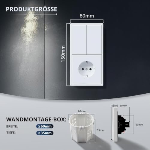 BSEED Lichtschalter mit Steckdose 2 Fach 2 Weg Unterputz, Modern Wandschalter Schuko Steckdose mit PC Rahmen… – Ansicht 2