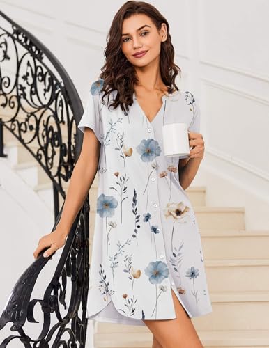 Image of Ekouaer Women V Neck Button Down Nightgown