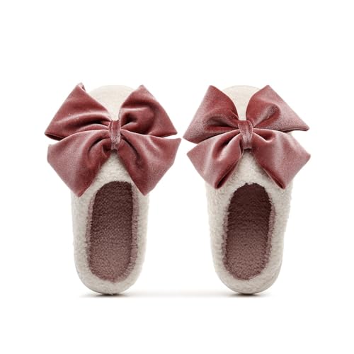 Womens Slippers Warm Velvet Non Slip Indoor Slippers Cozy Bedroom Shoes Bow Comfy Soft Teddy Fleece Slip-On Shoes3