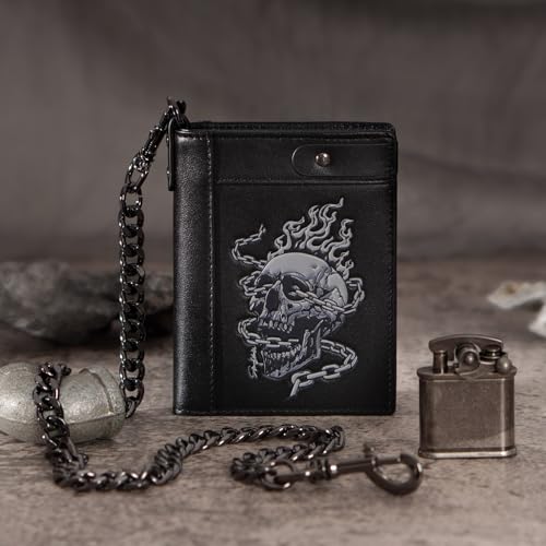 Mens Leather Wallet With Chain Skull Bifold Wallets Zipper Coin Pocket Rfid Blocking Gift For Him Husband (black)2