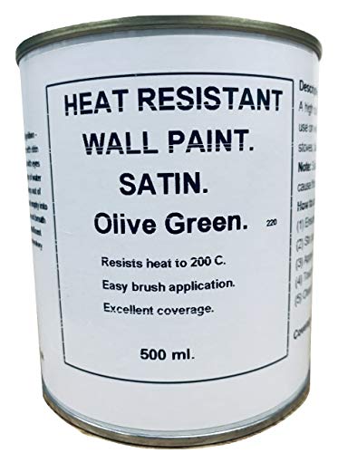 1 x 500ml Satin Olive/Dark Green Heat Resistant Wall Paint. Wood Burner Stove Alcove. Brick, Concrete, Plaster, Cement Board, Rendering, Metal, Timber etc.