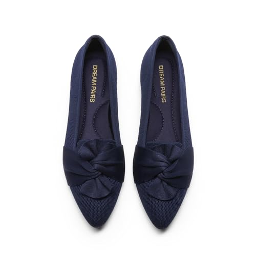 DREAM PAIRS Flats for Women Pointed Toe Foldable Knit Ballet Flats Comfortable Slip-On Dress Shoes Elegant Bow Flats for Work Office Business Casual Travel 7.5 Navy