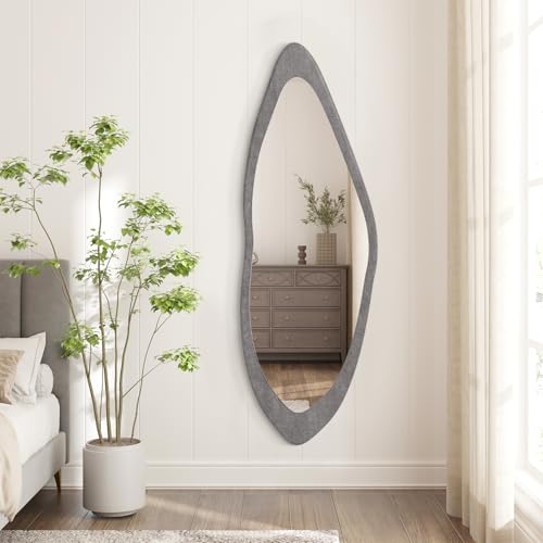 Image of AAZZKANG Wood Mirror Full Length Irregular Large 47 inchx16 inch Asymmetrical Full Body Mirrors for Bedroom Living Room Entryway Dressing Room Gray