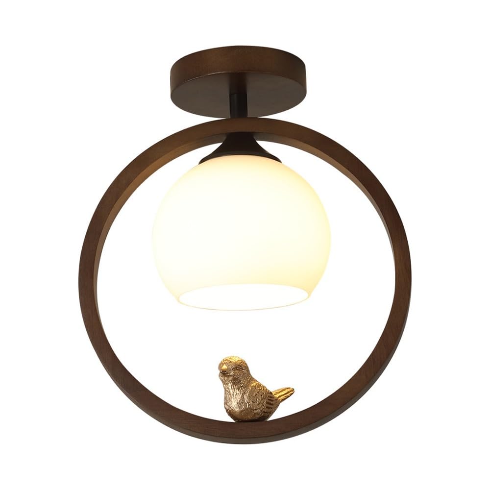 ITOSUI Nordic Wood Semi Flush Mount Ceiling Light Gold Bird Decoration 3-Color Modes White Globe Glass Shade Modern Rubberwood Hanging Lamp for Hallway Entrance Balcony E26 Base