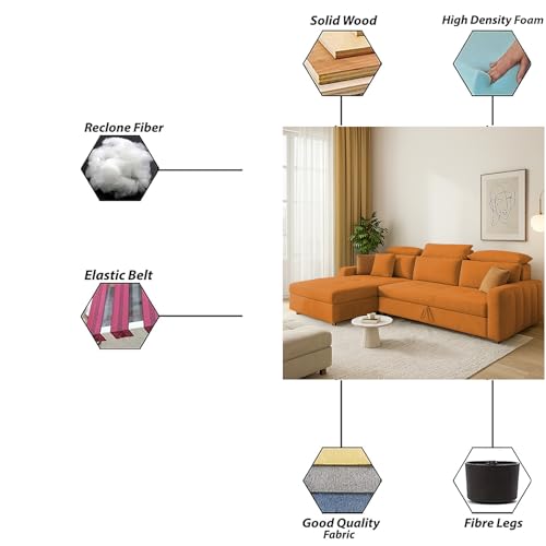 Image of Casaliving Gagnon LHS 4 Seater L Shape Corner Sofa Cum Bed for Living Room (Orange Fabric) Premium Fabric Sofa