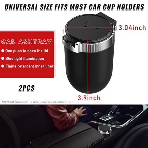 Image of Dickno 2 PCS Car Ashtray with Lid, Detachable Stainless Smokeless Auto Ashtray, Portable Mini Vehicle Trash Can with LED Blue Light, Universal Interior Accessories for Cup Holder (Silver)