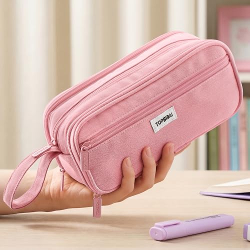 Image of TOPBIDAI Large Pencil Case Pouch for Girls Boy Women Men Adults | Big Capacity Canvas Pencil Bag, Office School Supplies, Multi Compartment Zipper Stationery Pen Box(Light Pink)