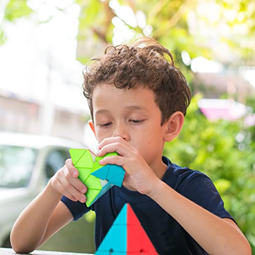 Image of Stickerless Pyraminx Speed Cube with Stand & Guide for Kids & Adults | Smooth-turning STEM puzzle with display stand. Great for classrooms, travel, office desks, gifts and brain training.